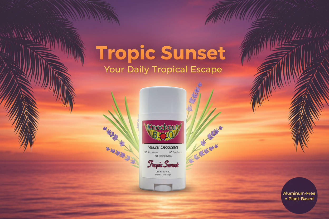 'Tropic Sunset' Deodorant stick against a tropical sunset background