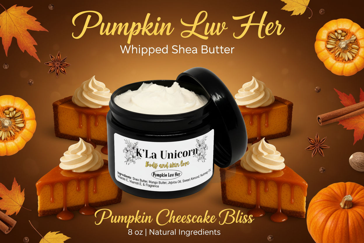 Jar of 'Pumpkin Luv Her' whipped shea butter with cheesecake and pumpkin decorations on a brown background.