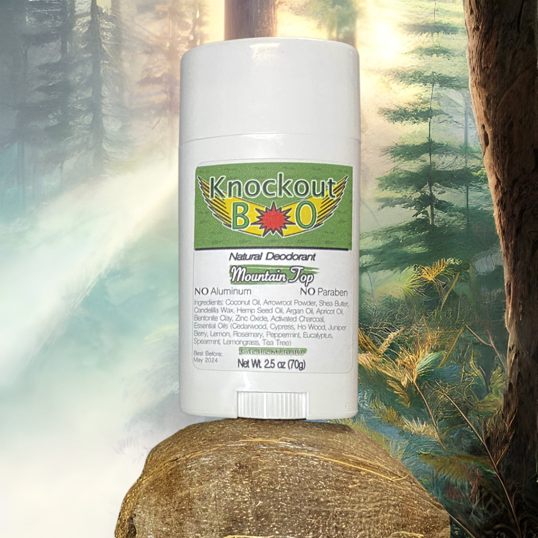 Mountain Top from Knockout B.O. is a natural deodorant with an enchanting blend of cedarwood, cypress, juniper berry, and rosemary essential oils, reminiscent of the fresh and invigorating scent of a mountain summit